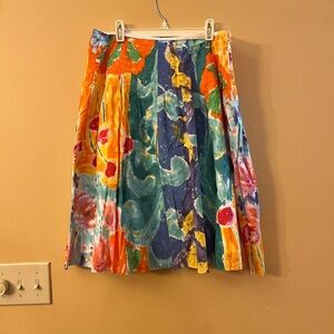 Ralph Lauren Aqua Red Orange Cotton Lined Pleated A-Line Skirt Size 10